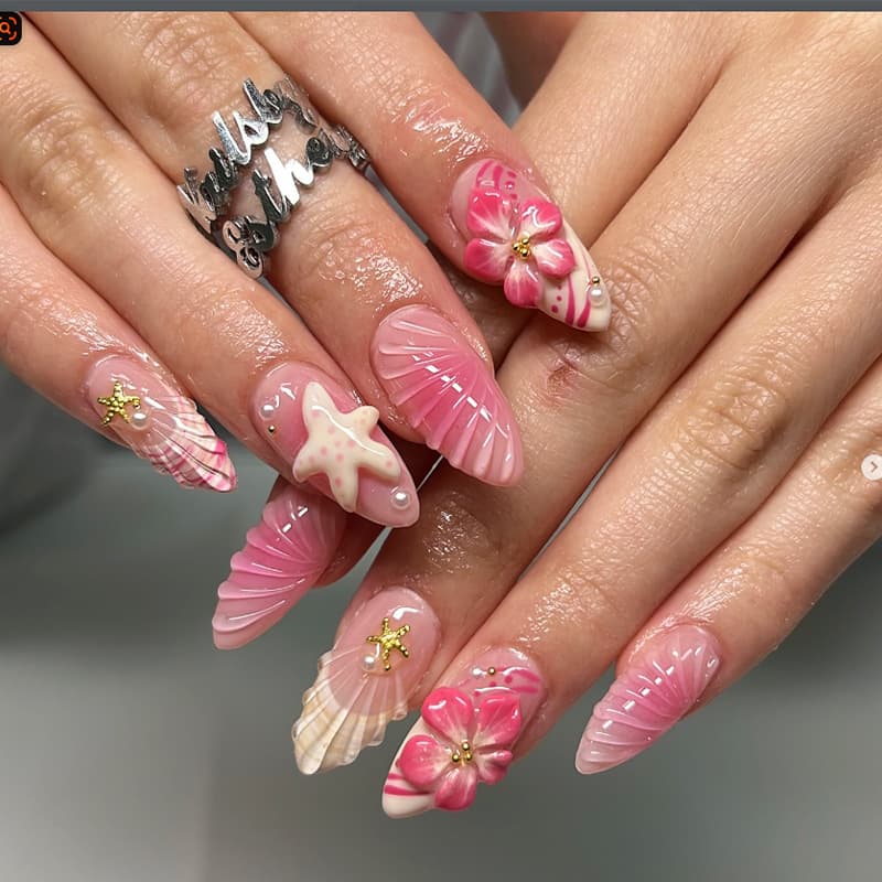 30 pieces of European and American 3D carved wearable nails, high-end ins pink mermaid style three-dimensional wearable nails, fake manicure pre-made