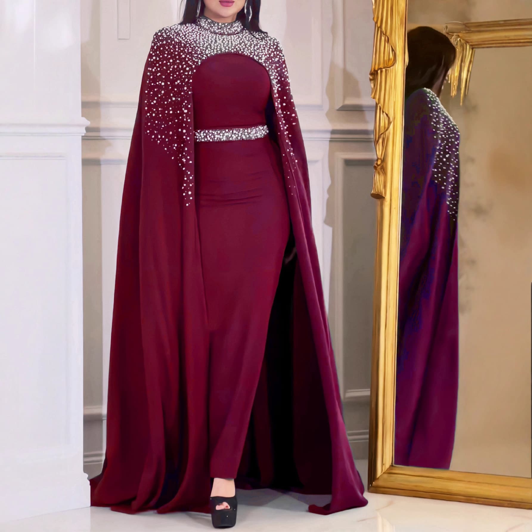 2025 Wine Red Extra Long Sleeve Beaded and Rhinestone Loose Women's Dress