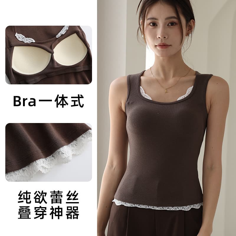 2025 Autumn/Winter New Wide Strap Square Neck Inner Layer Cover Side Breast Black Base Layer with Bra Pads Lace Vest for Women
