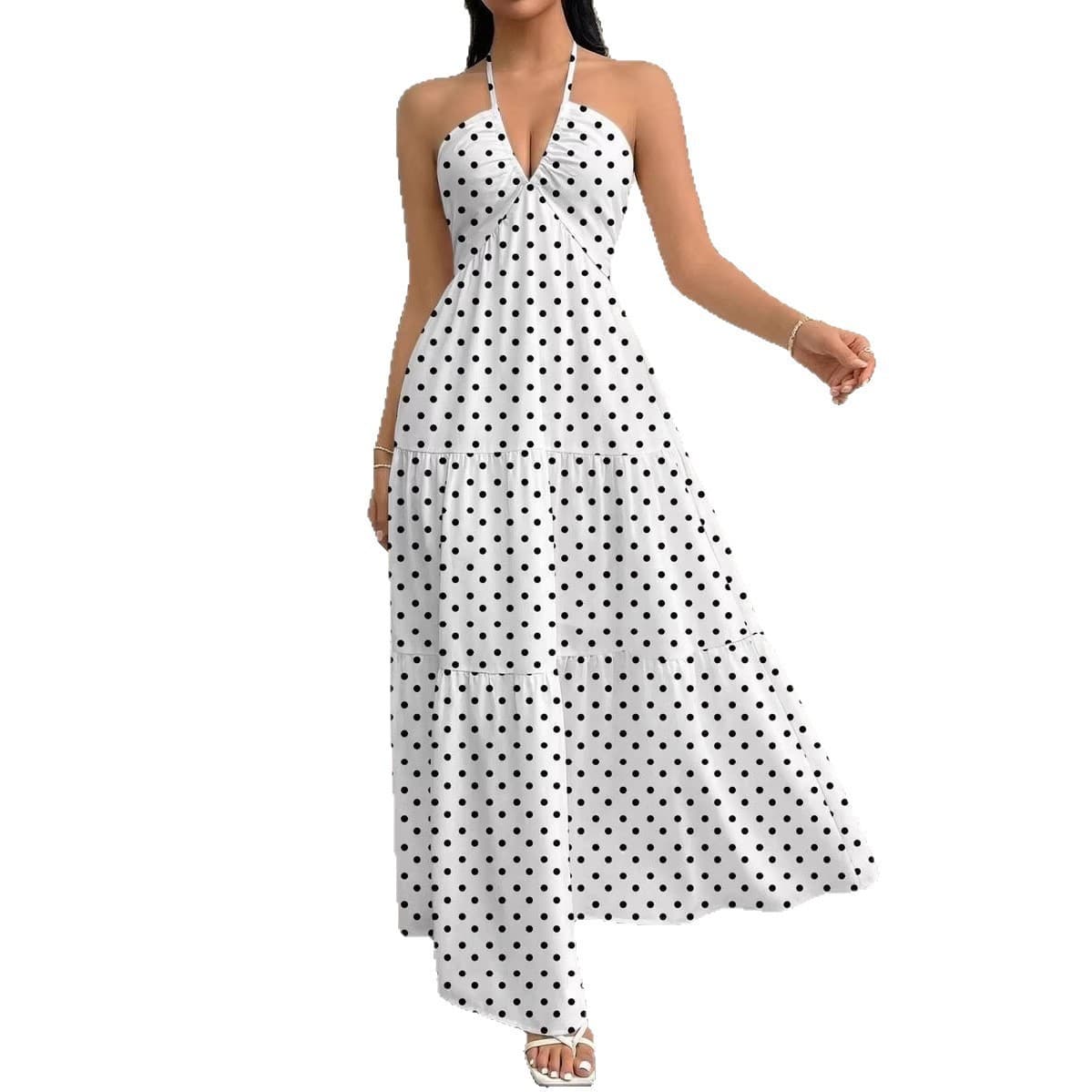 European and American Women's Polka Dot Print Halter Dress, Bohemian Style Summer New French V-Neck Waist-Cinching Flared Skirt