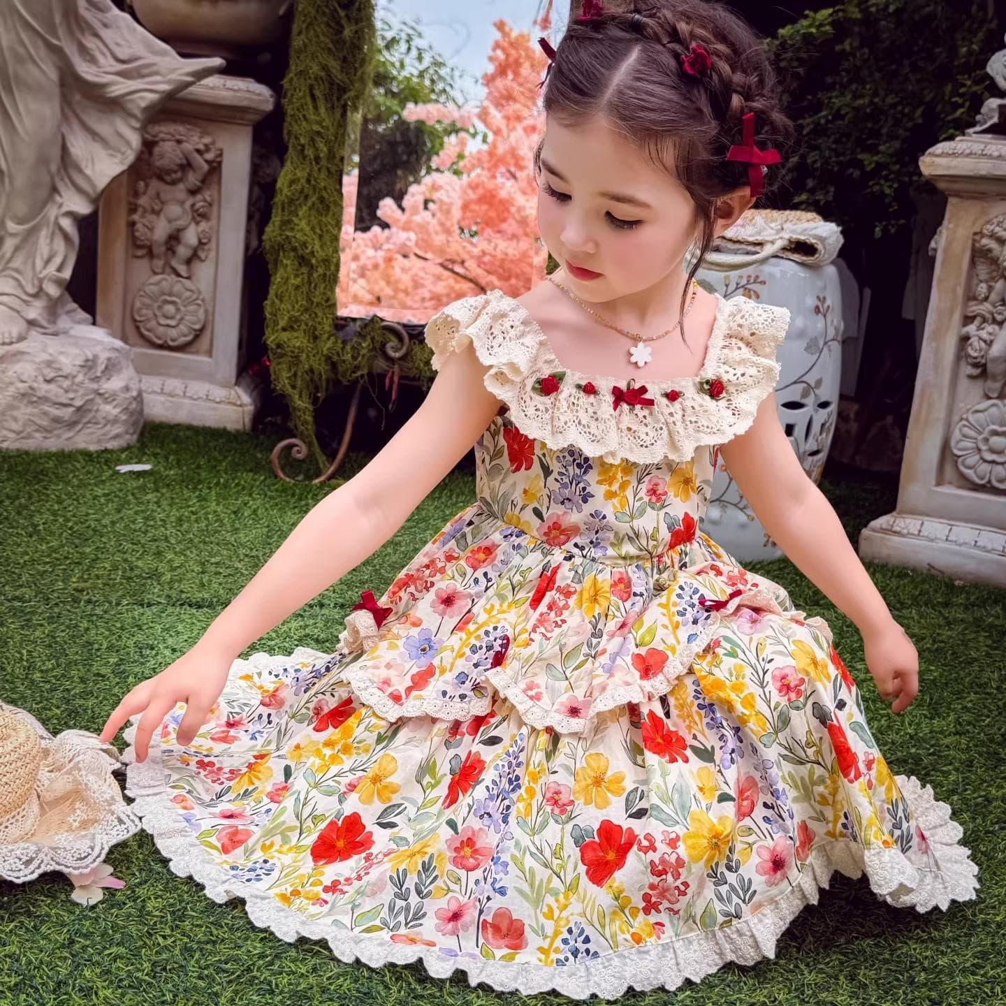 Girls Summer Floral Dress 2026 New Children's Lace Pastoral Style Cotton Skirt Little Girl Princess Dress