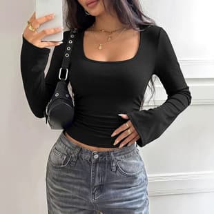 Amazon Women's Flared Long Sleeve Top Soft Stretch Ribbed Knit Square Neck Ruffle Fashion Slim Fit Top