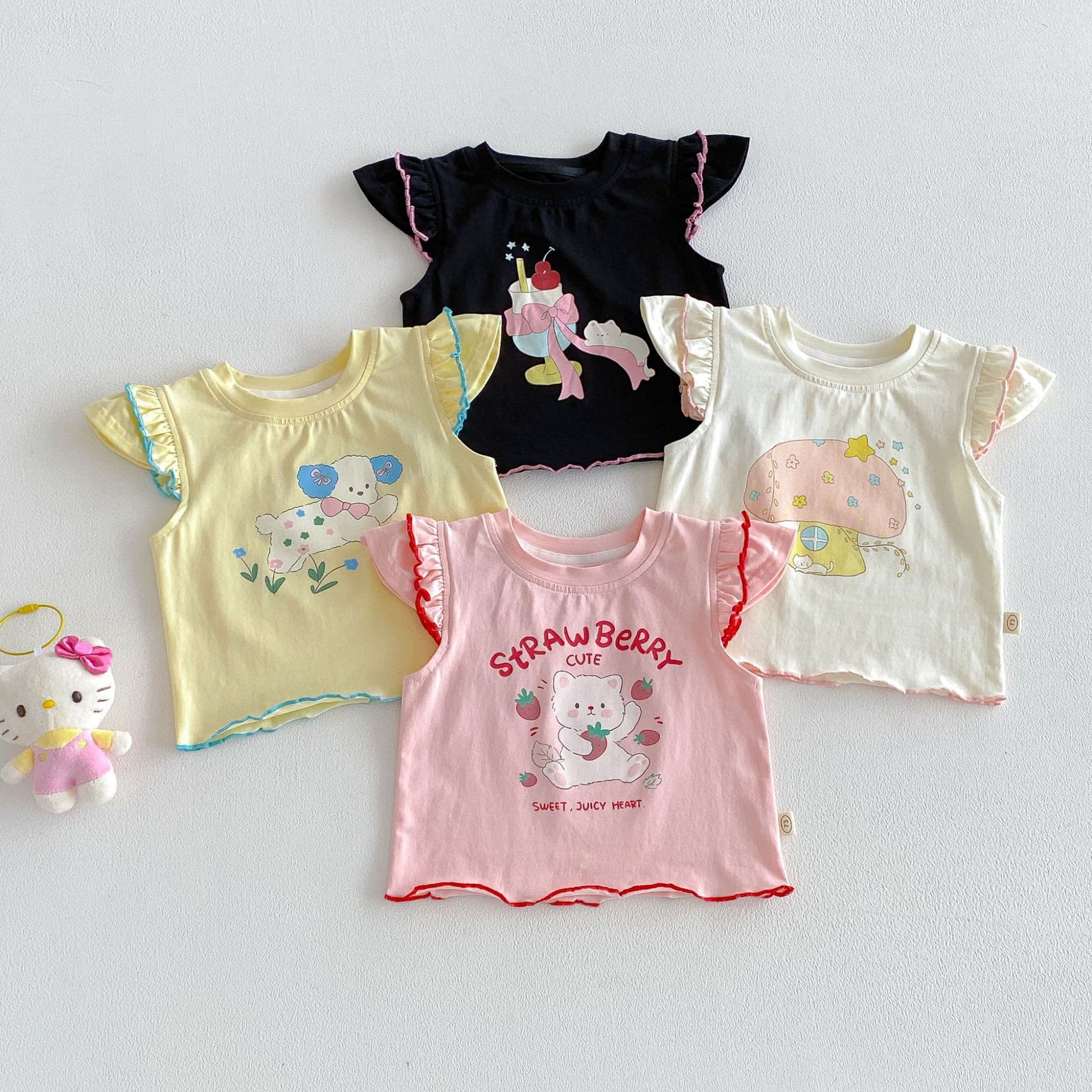 Girls' Cute Cartoon T-Shirt 2026 New Summer Baby Stylish Flutter Sleeve Short Sleeve Kids Korean Fashion Summer Wear