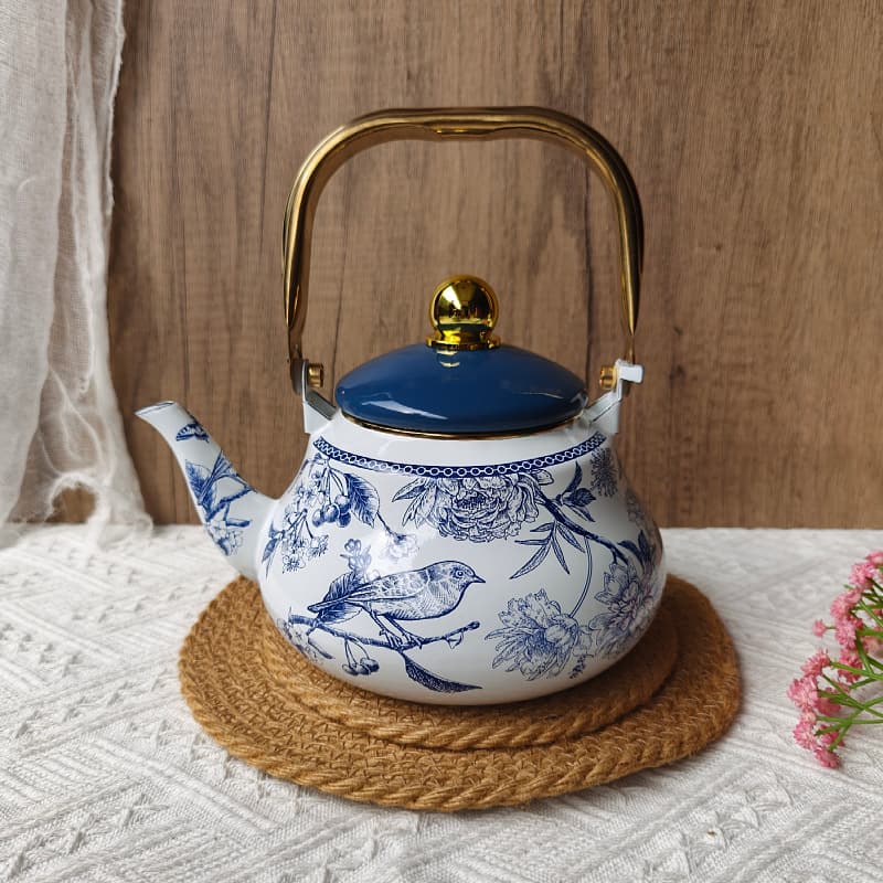 Cross-Border Thickened Enamel Kettle Light Luxury Enamel Water Kettle Flower Tea Kettle Set Household Cold Water Kettle Heating Boiling Water Enamel Kettle