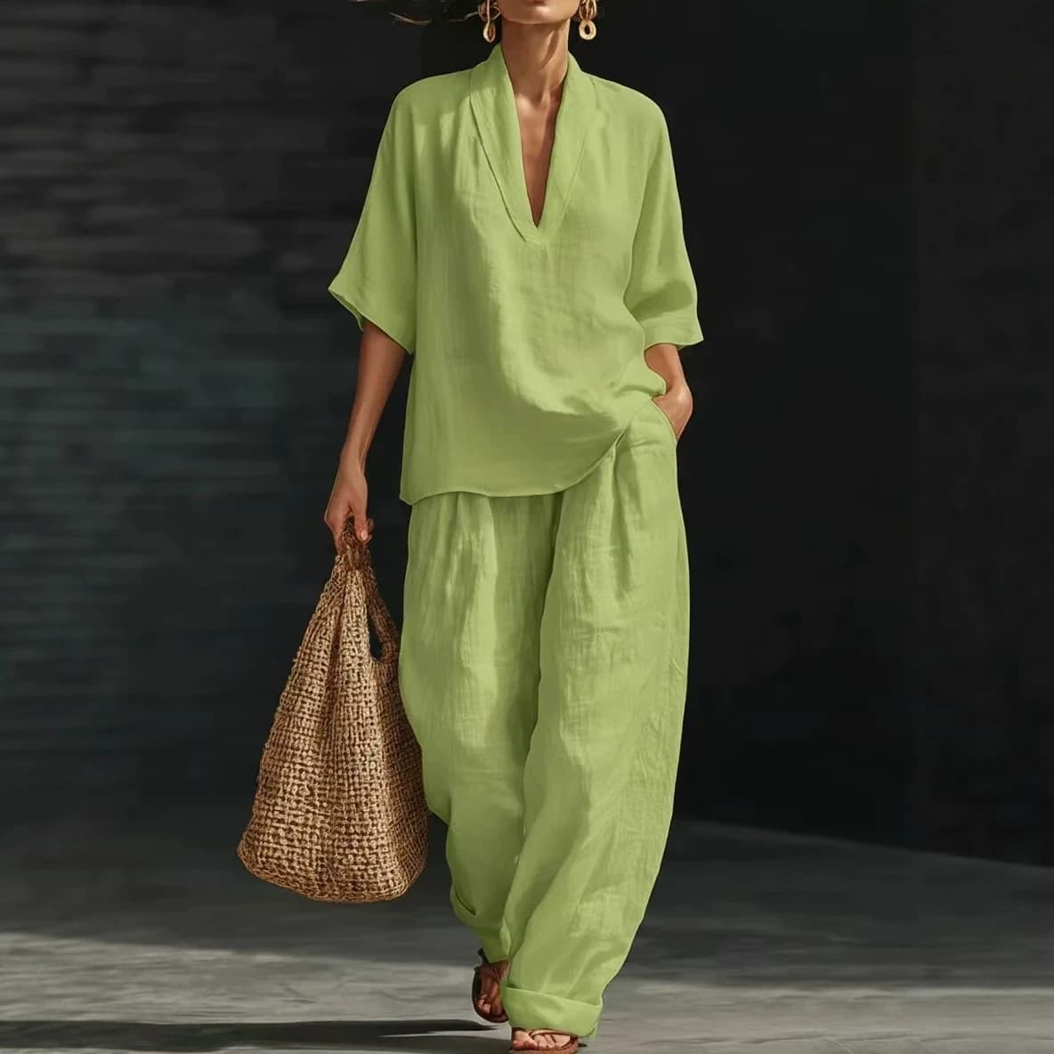European and American cross-border summer new cotton and linen loose V-neck two-piece women's casual solid color wide-leg pants two-piece suit