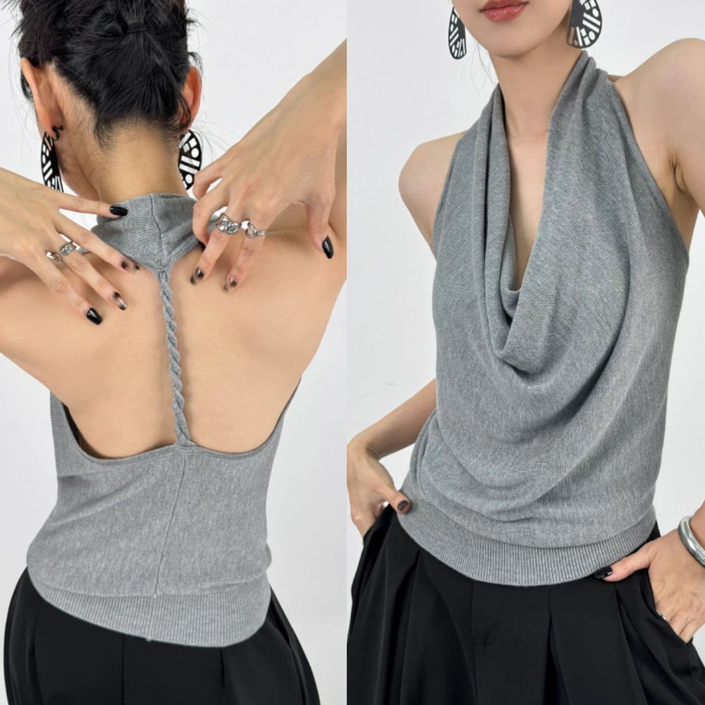 High-end Draped Neck Halter Vest Top for Women, Sexy Backless Sleeveless Knitwear Wholesale