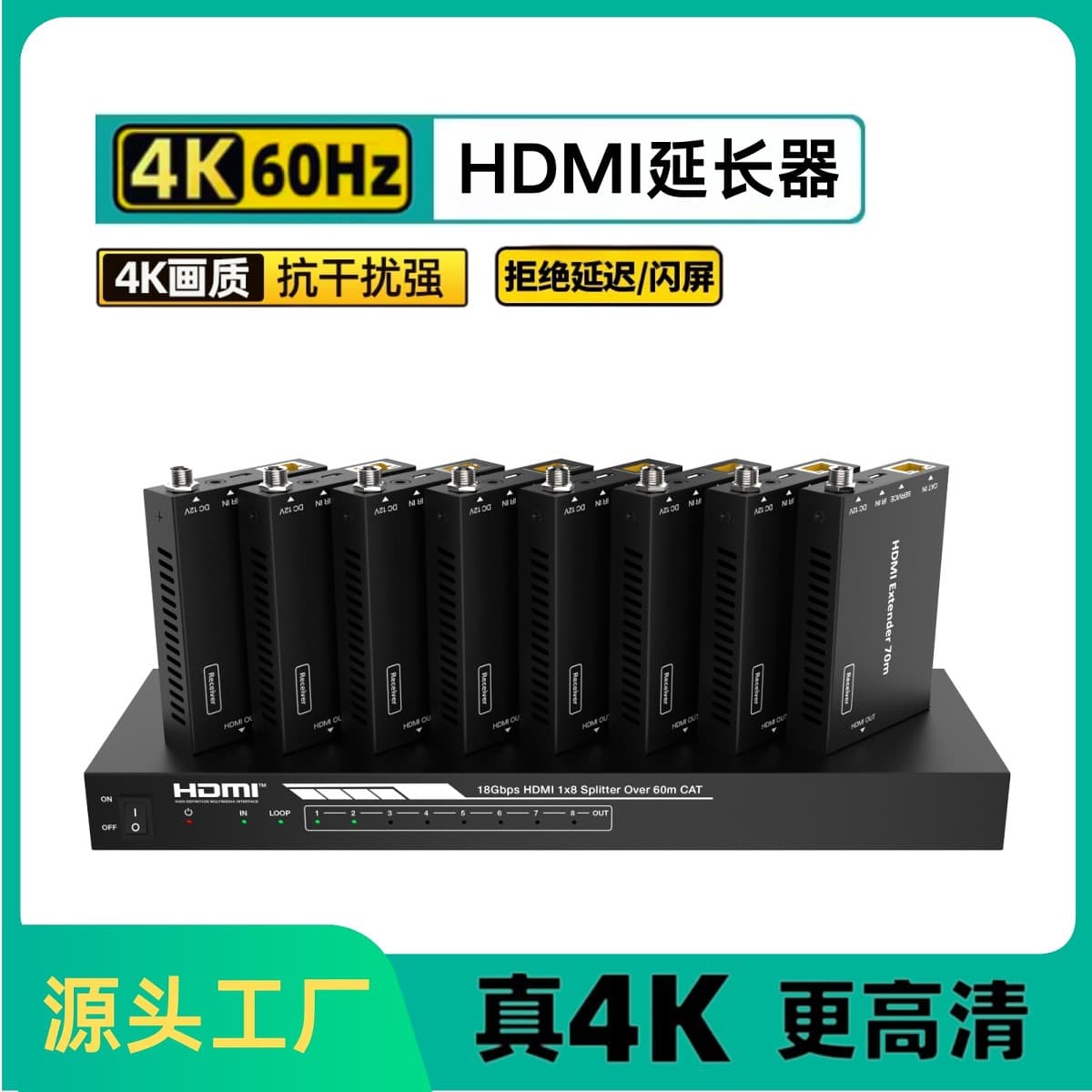 4K@60Hz HDMI over Ethernet Extender One-Transmit Multiple-Receive Network Transmission Audio-Video to RJ45 Port