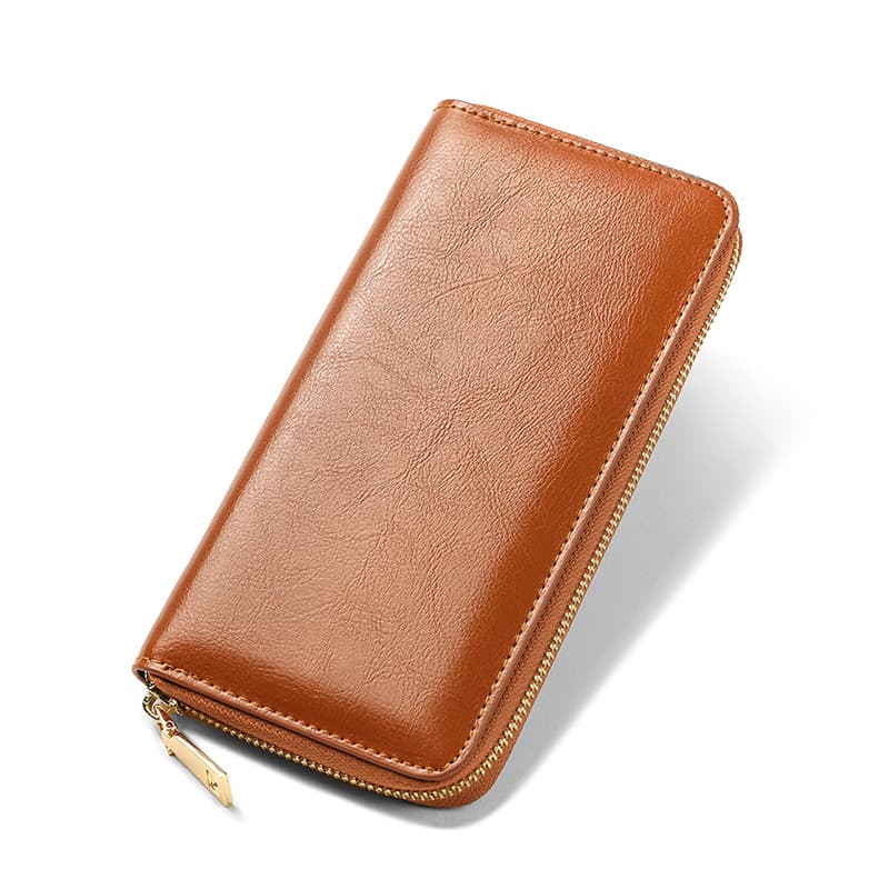 Manufacturer Wholesale New Oil Wax Pattern Cowhide Women's Zipper Wallet Long Genuine Leather Large Capacity Handbag Drop Shipping