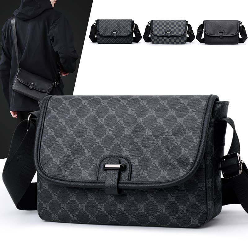 New Trendy Men's Casual Plaid Crossbody Bag Korean Style Leather Sling Bag Fashionable Small Square Backpack