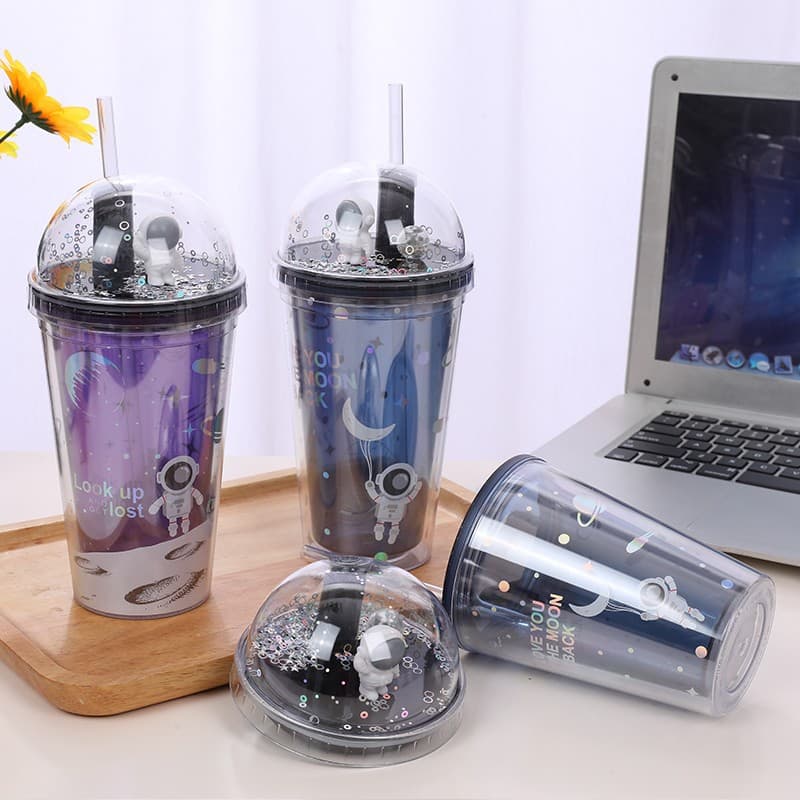 Student Ice Cup Trendy Starry Double-Layer Plastic Cup Creative Astronaut Cooling Straw Cup Small Capacity Portable Water Cup