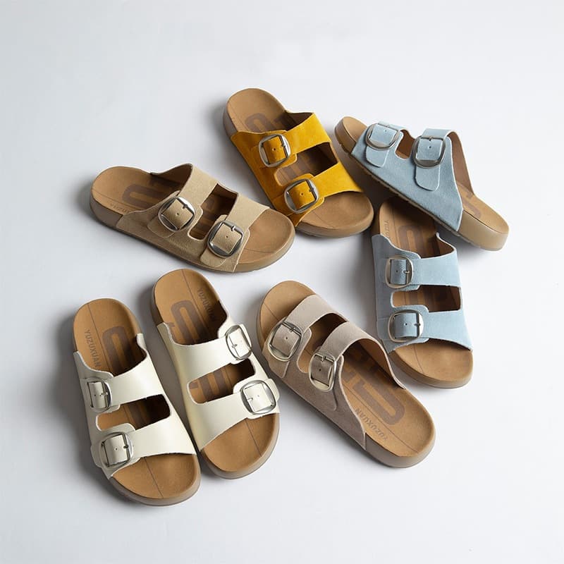 Qiaotusi Women's Birkenstock-Style Sandals with Belt Buckle, Thick Sole Summer Slippers, Calfskin Elevated Slip-On Casual Sandals