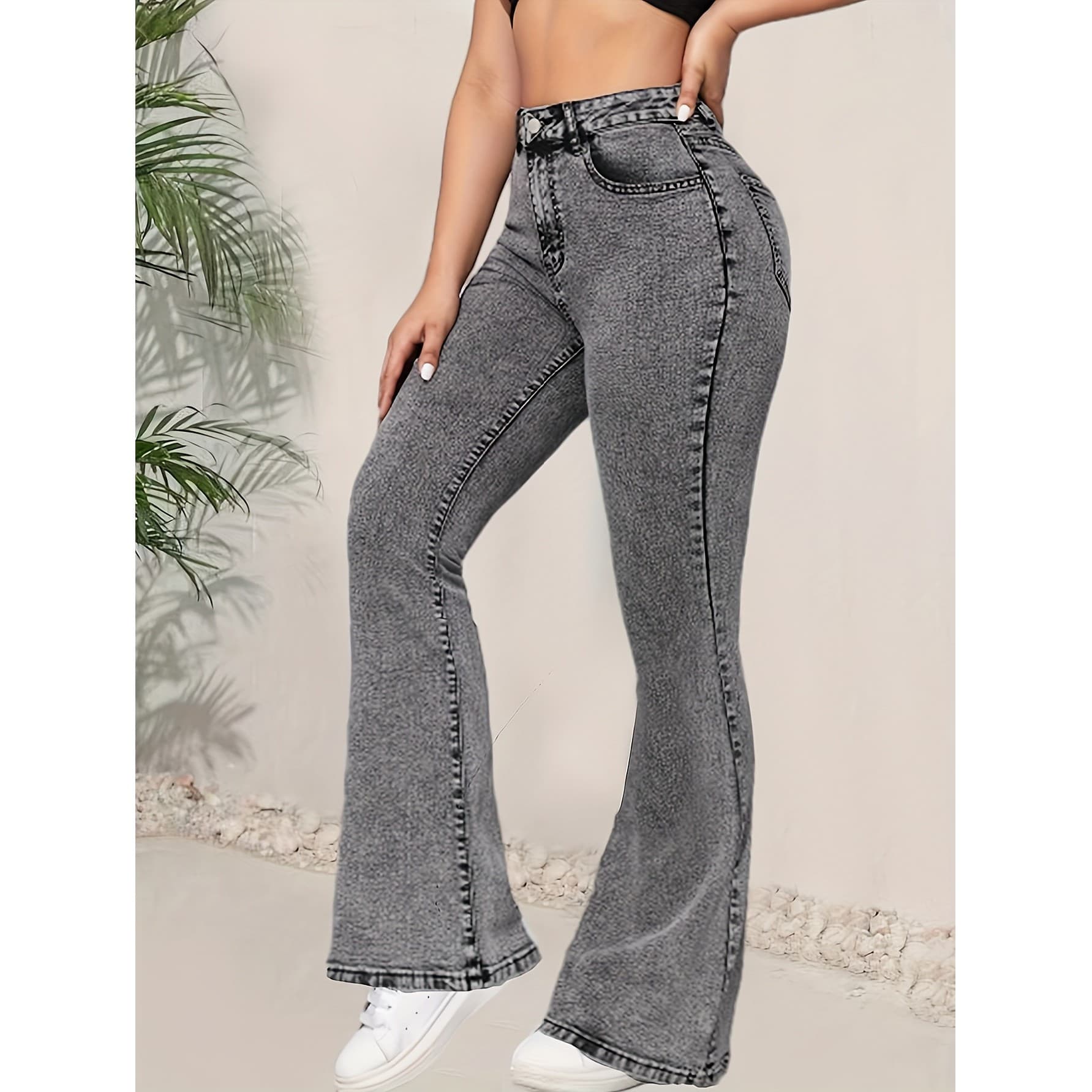 European and American Cross-Border Flared Jeans for Women Plus Size High-Waist Slim Fit Slight Stretch Bell-Bottom Long Pants