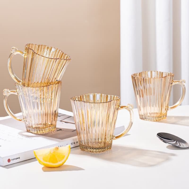 Amber Petal Glass Mug with Handle, High-End Ins Style, Fashionable Home Water Cup, Milk Cup