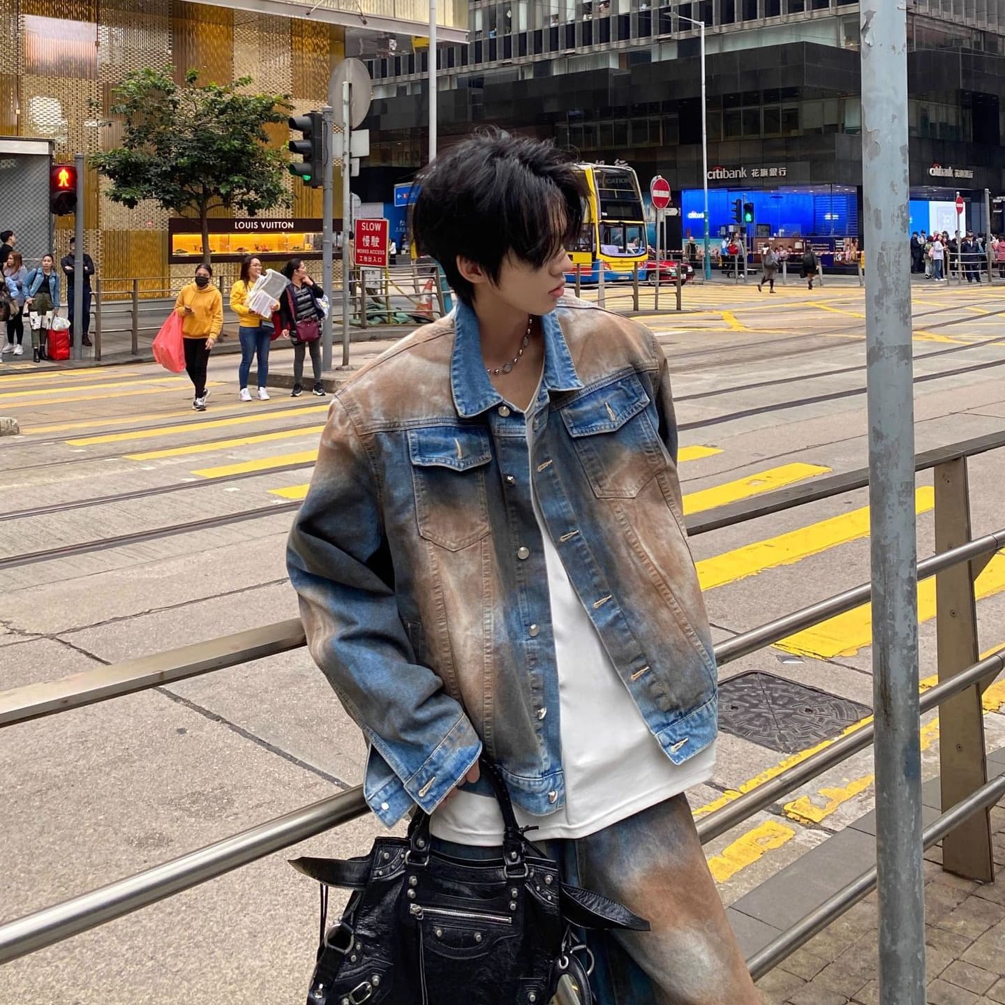 European and American Niche Retro Washed Destroyed Denim Jacket Men's and Women's Heavy Mixed Color Faded Old Jacket Jeans Suit Trendy