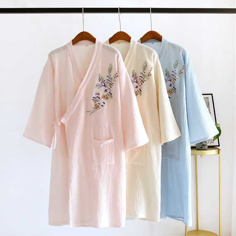 Candy Color Crepe Cotton Embroidered Women's Nightgown Four Seasons Thin Nightgown Chinese Style Hanfu Mid-length Bathrobe Sweatshirt