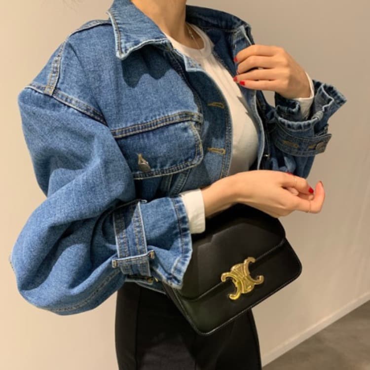 Dongdaemun Spring/Autumn New Korean Blogger Recommended Notched Lapel Long Sleeve Loose Fit Fashion Cropped Denim Jacket for Women