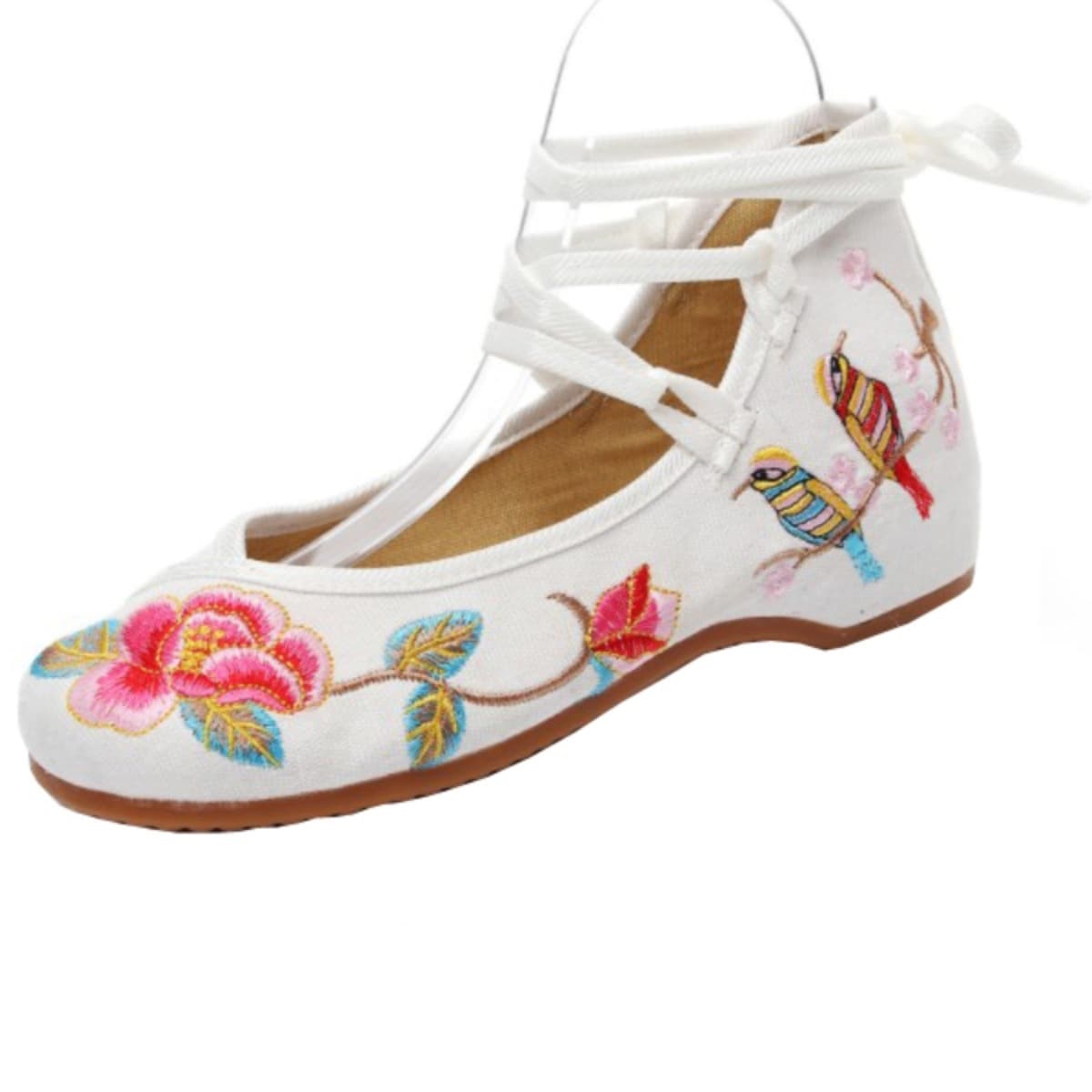 2025 Versatile Ancient Style Cloth Shoes Low Heel Inner Height Embroidery Shoes Pure White Student Dance Shoes Lace-up Round Toe Women's Flats