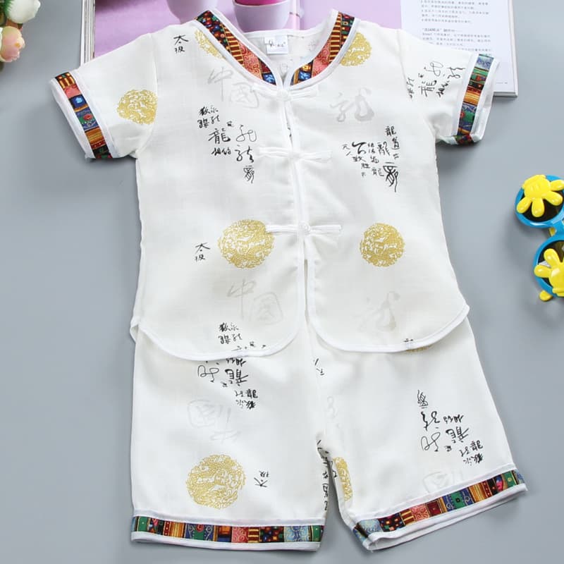 Children's Tang suit for boys, performance costume, baby short-sleeved Tang suit, kung fu outfit, Chinese style cotton and linen, first birthday dress.
