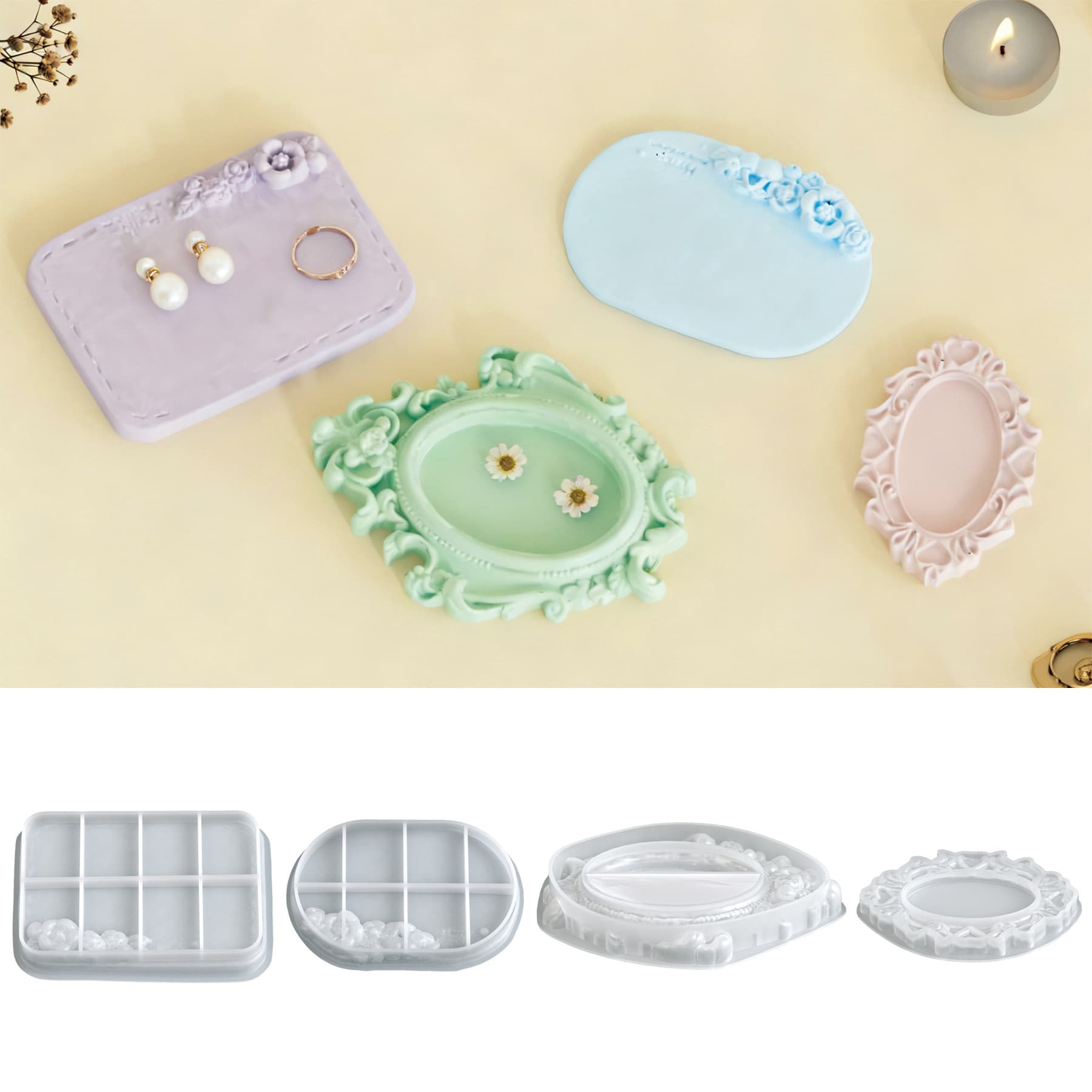 Silicone European Palace Vintage Embossed Pattern Storage Tray Oval Tray Decoration DIY Silicone Mold