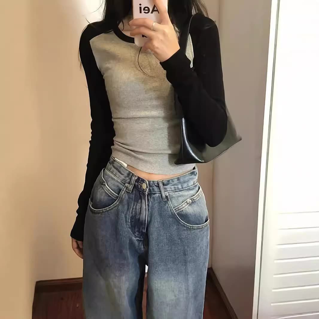 Y2K autumn and winter Korean style casual fashion sexy long-sleeved slim round neck top women's clothing