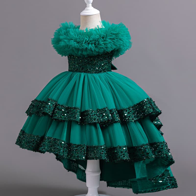 Children's Princess Puff Skirt Dress For Summer European And American Flower Design Girls Cotton Crew Neck Line Dance Costume