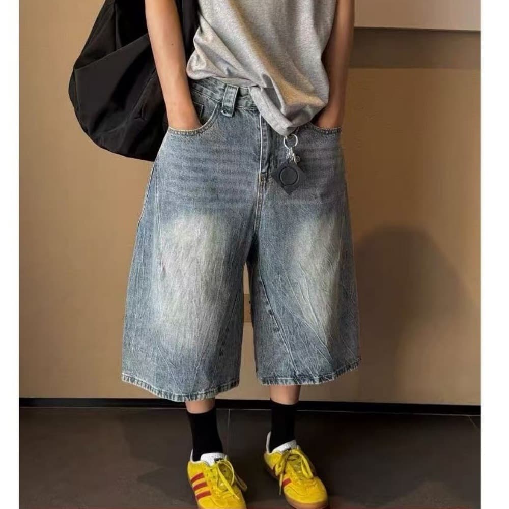 American Retro Low Waist Wide Leg Cropped Jeans Men's 2026 Summer New Style Washed Loose Slimming Medium Pants Thin Style