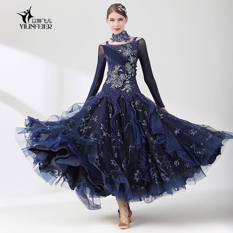 Van Gogh's Starry Night! Embroidered Modern Dance Dress S7048 Ballroom Dance Dress with Rhinestones Waltz Performance Outfit