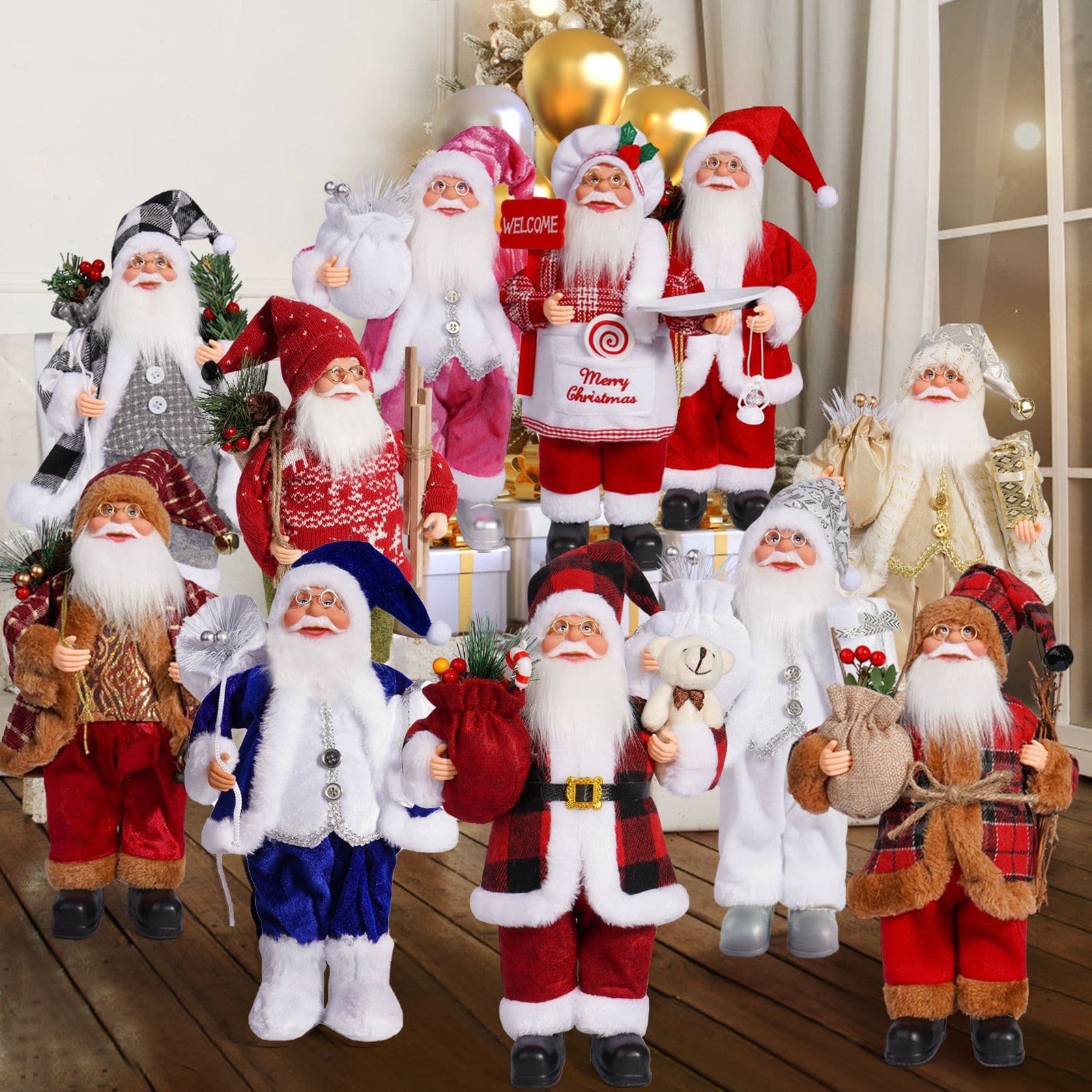 European and American Christmas 12-inch Standing Santa Claus Figurine, Home Window Display Decoration, Festive Holiday Gift