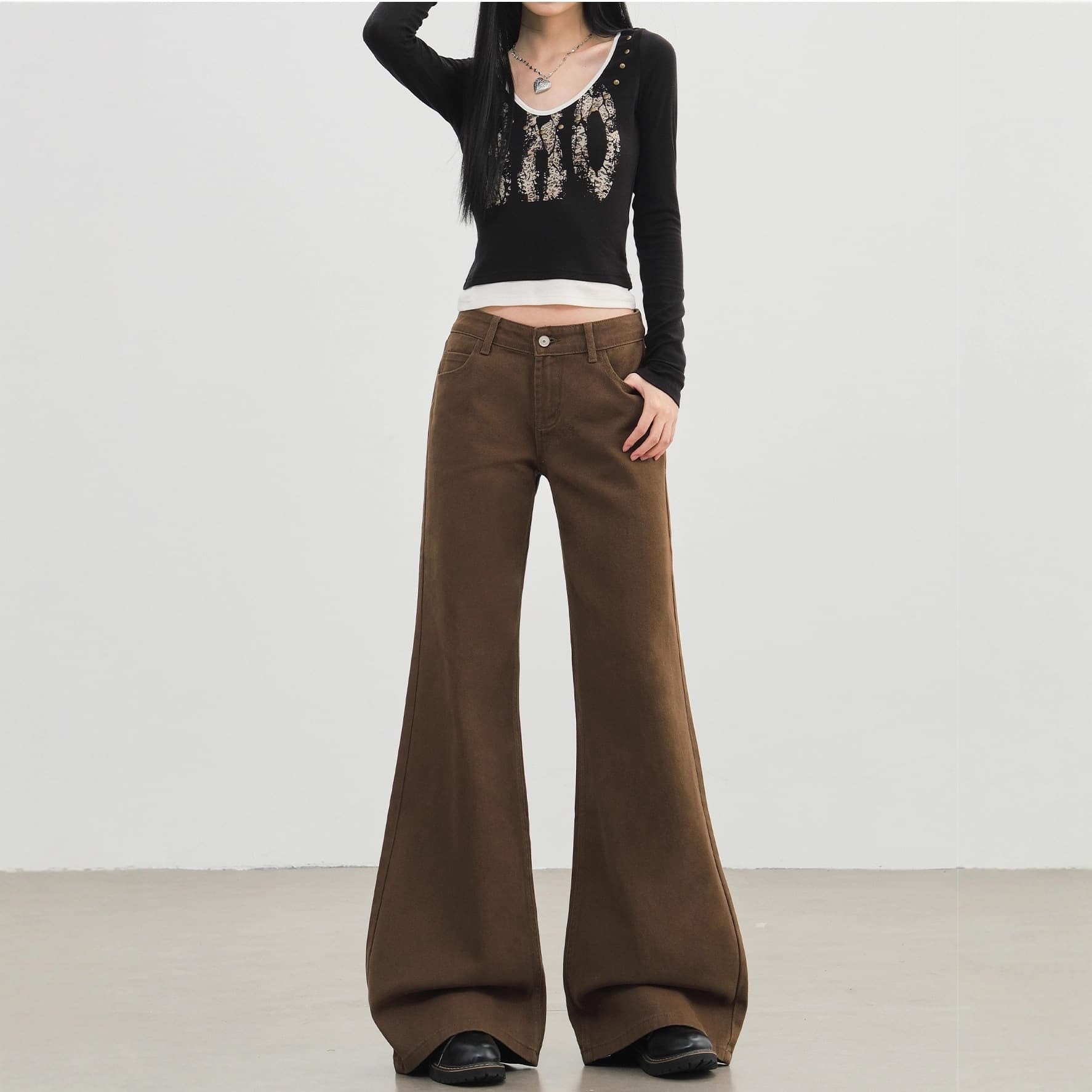 Brown Maillard Style Bootcut Jeans for Women, Autumn/Winter Fleece-Lined, American Low-Rise Loose Fit, Slim Straight-Leg Flare