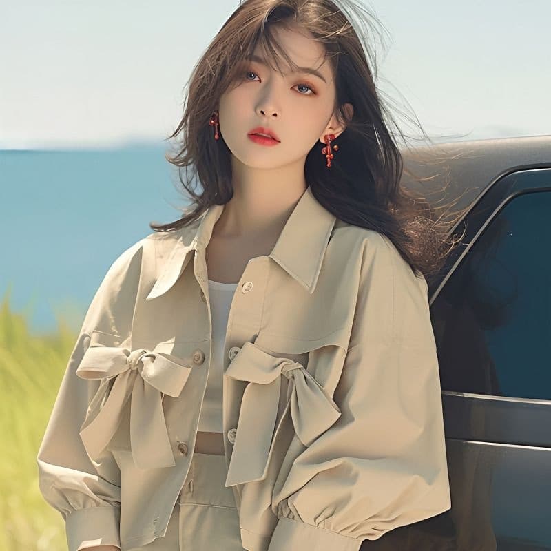 Autumn new style super nice short coat Korean style lazy style trendy khaki bow work jacket for women
