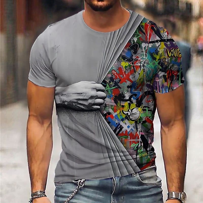 Cross-Border Big Size Men's T-Shirt Printed Handmade Round Neck Short Sleeve Casual Vacation Relaxed Tall Summer Fun Tee