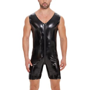 Cherry Temptation Cross-Border European American Men's Mirror Patent Leather Bodysuit Sexy Zipper Crotch Nightclub KTV Plus Size