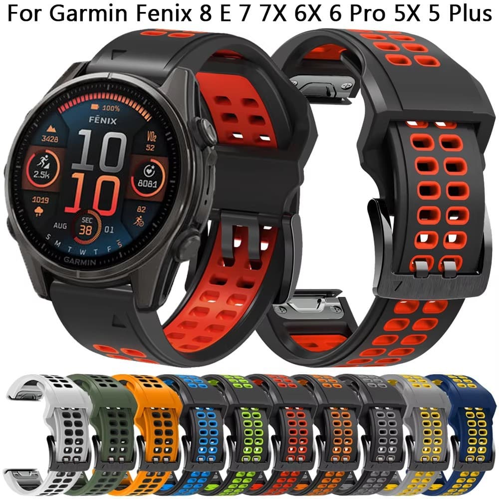 Compatible with Garmin Fenix 8 Dual Row Hole Two-Tone Silicone Watch Band 7X 6X Quick Release Garmin 22/26mm Smart