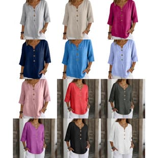 European and American Cross-Border In-Stock Amazon Button Shirt Casual Loose Top New Cross-Border Solid Color Cotton Linen Three-Quarter Sleeve