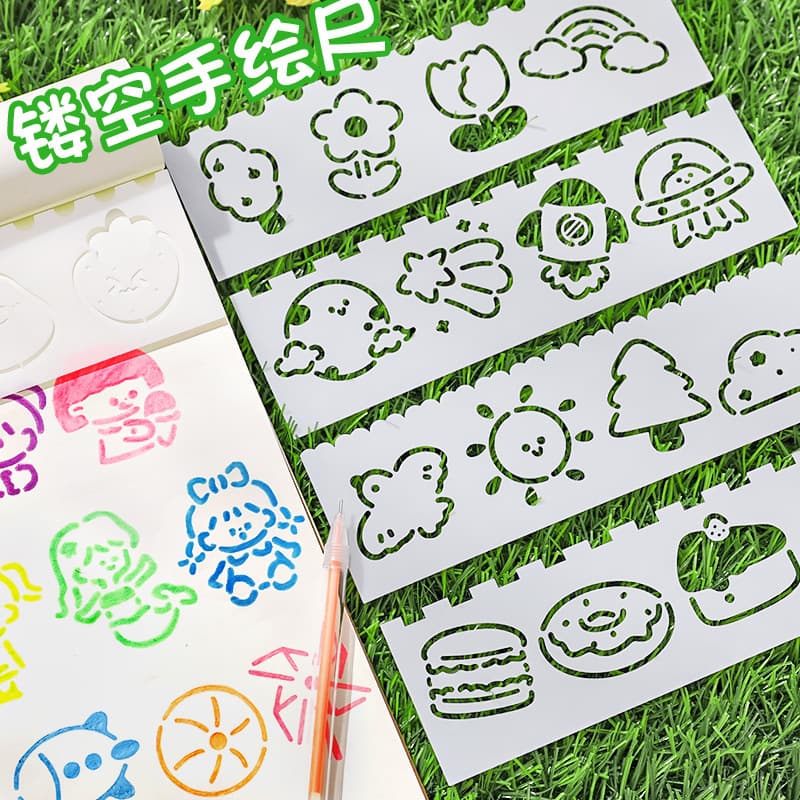 Hangsu Original Cartoon Hand-drawn Ruler, Student DIY Hand-copy Report Hollow Template, Multi-functional Border Ruler Set of 4
