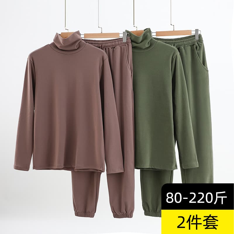 Men's Fleece-Lined Thermal Suit Winter Double-Sided Velour High Neck T-Shirt with Jogger Pants Plus Size Sleepwear Loungewear