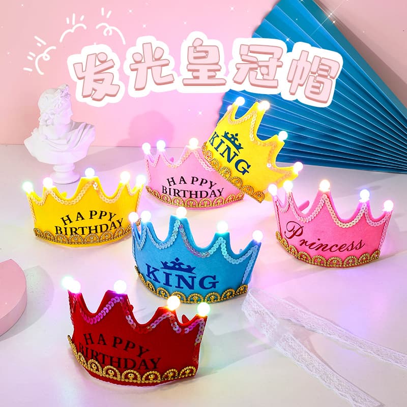 Trendy glowing crown hat for birthdays, stylish and creative birthday cake decorations for children and adults, perfect for parties.