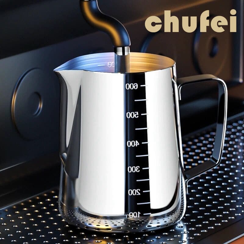 Japanese Style 304 Stainless Steel Coffee Frothing Cup, Mocha Cup with Spouted Internal and External Graduations, Patterned Milk Frother