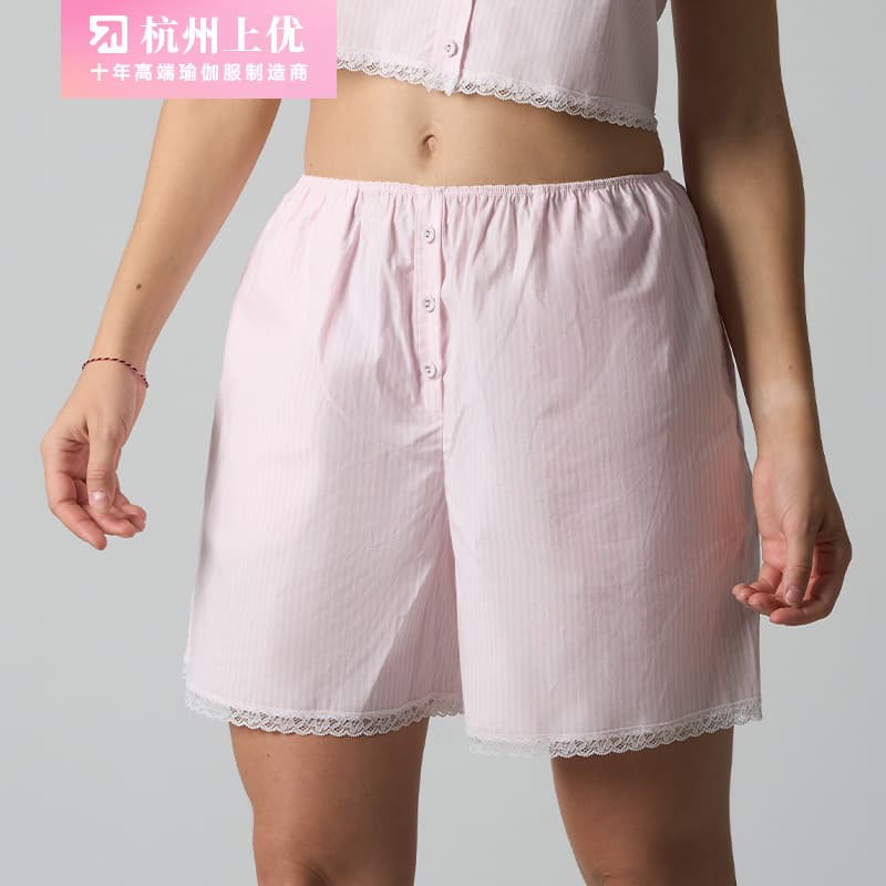 Casual cotton home pants American blue and white striped bow lace trouser bottom button three button shorts home shorts