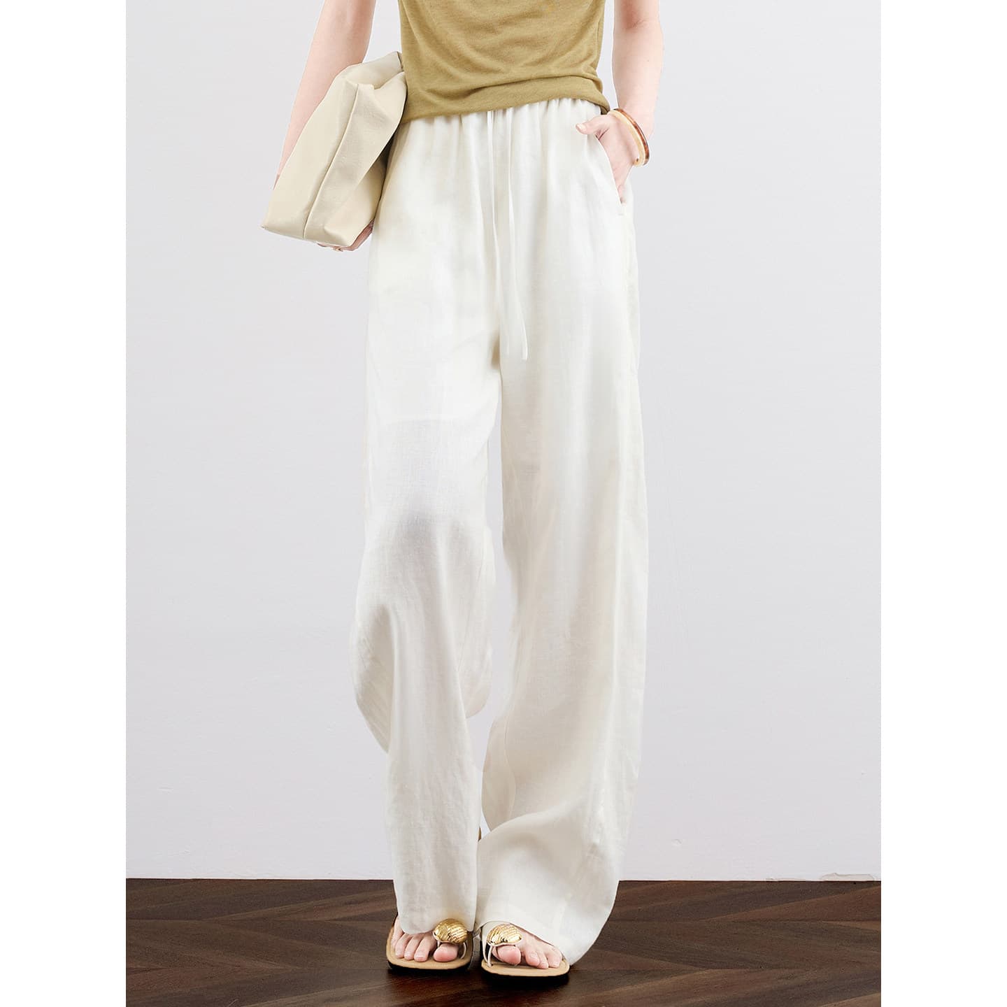 ZHEYE Drawstring Breathable Pants White Tencel Linen Wide-Leg Pants for Women Summer Lightweight Cooling Loose Casual Pants