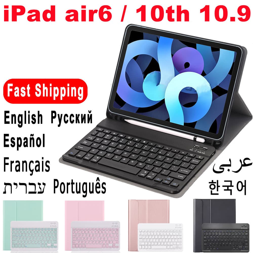 iPad 11th Gen Leather Case, Air 7 Bluetooth Keyboard, Pro 11 9.7 Protective Cover, Compatible with Russian, Thai, Spanish, Portuguese