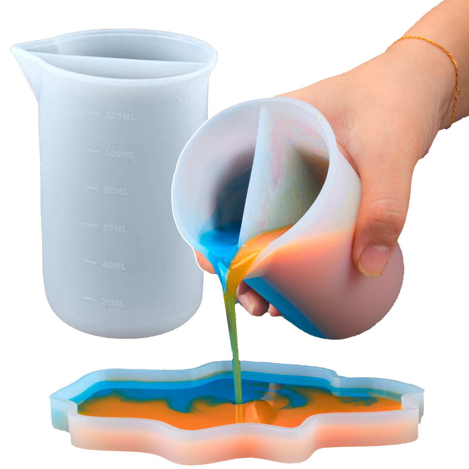 120ml Graduated Silicone Pouring Cup 2-Compartment Resin Mixing Cup for Epoxy Resin Art Craft Molds