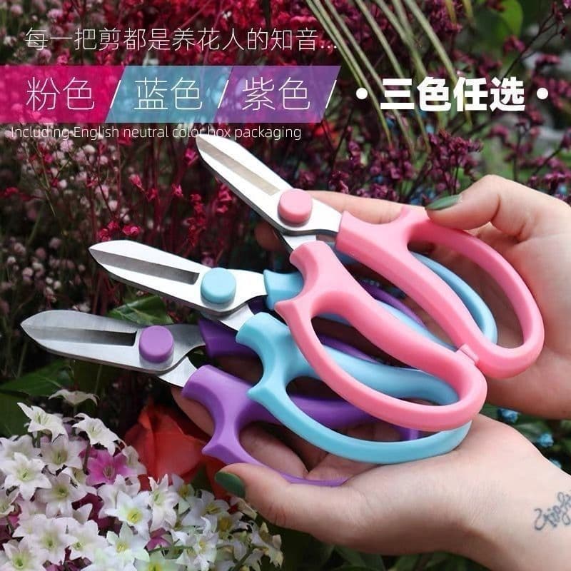 Stainless steel pruning shears for flower shops, garden bonsai, and tree branch trimming.