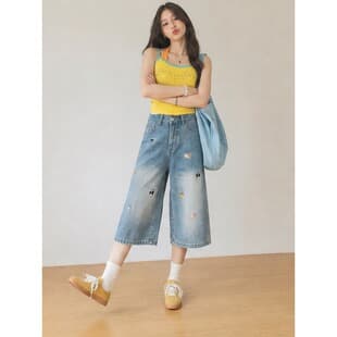 Plus Size Petite Capri Pants Vintage Style Dog Embroidery Denim Mid-Length Pants for Women American Slim Wide Leg Pants New