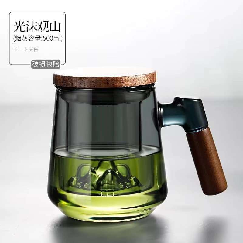 Borosilicate Glass Tea Cup with Tea-Water Separation Filter, Wooden Lid and Handle, Heat-Resistant Office & Home Teacup 500ml