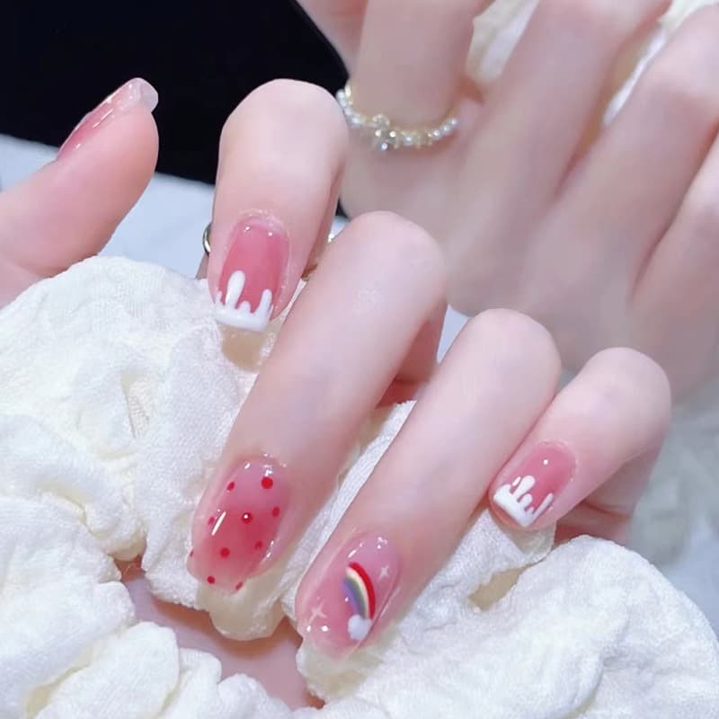 Dreamy Sweet Press-On Nails Spring Rainbow Blush Ombre Nail Tips Fresh Texture False Nails Finished Wholesale Nail Tips