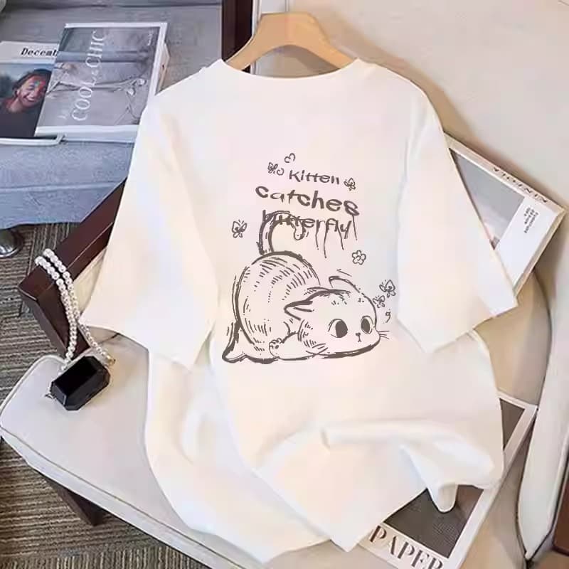 Cotton T-Shirt Women 2025 New Trendy Top Short Sleeve Loose Plus Size Summer Women's Clothing Mid-Length