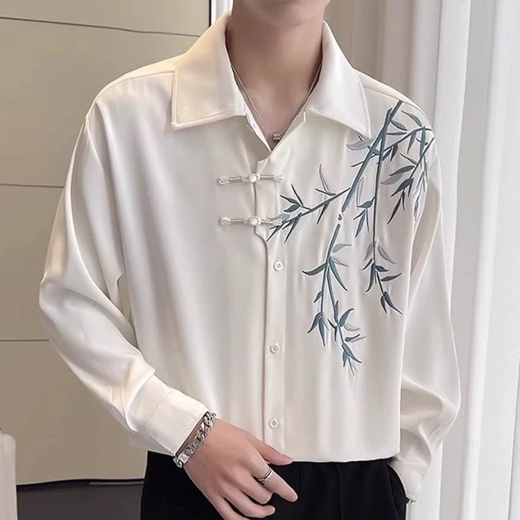 New Chinese Style Men's Shirt Long Sleeve White Design High-End Embroidery Button Knot Han Element Tang Suit Shirt