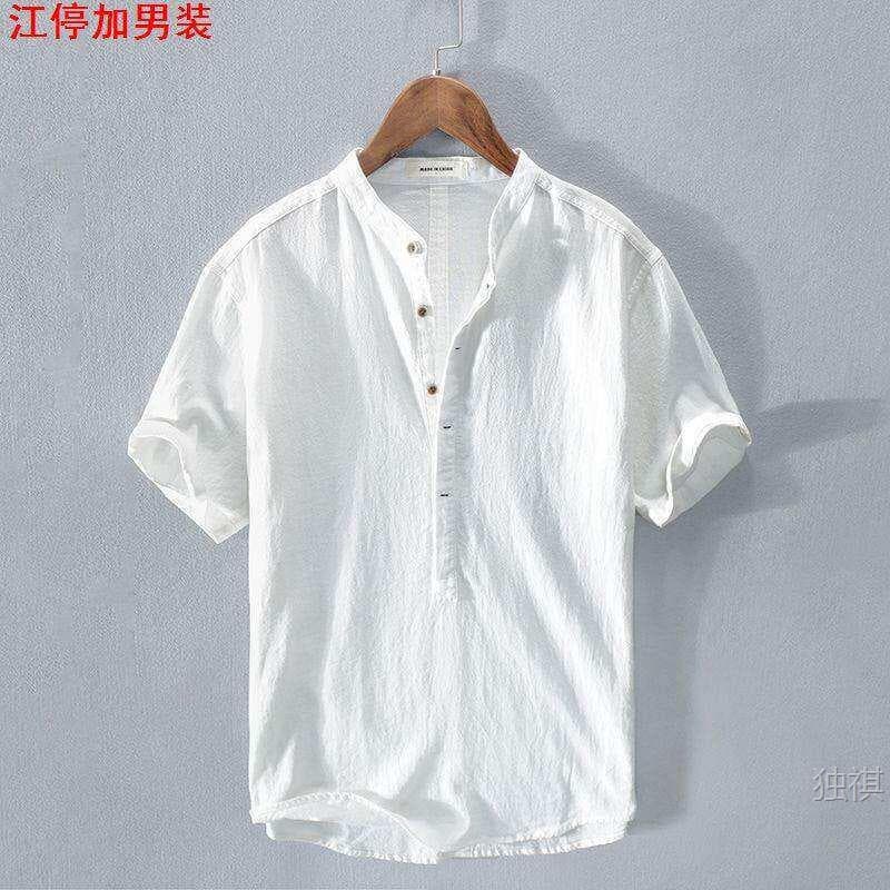 Fresh Stand Collar Pullover Short Sleeve Cotton Linen Shirt Men's Casual Summer Loose Artistic Linen Shirt