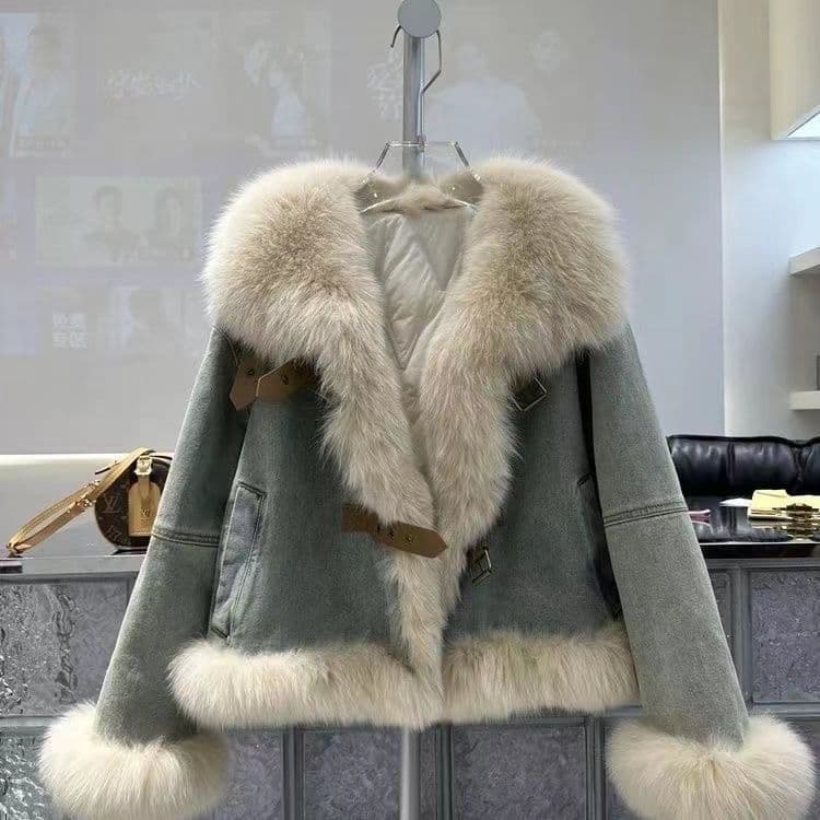 Korean-style Design Faux Fur Collar Blue Denim Jacket Fashionable Quilted Cotton-Lined Warm Coat